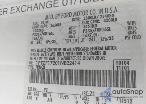 2001 Ford F-150 Xl/Xlt z USA, uszkodzony, nr VIN 1FTZF17201NB22414